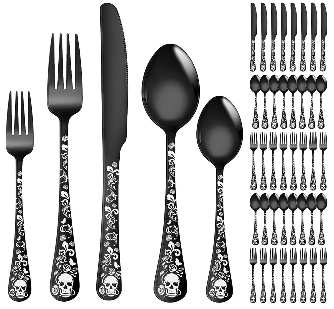 XIAOYU Halloween Skeleton Silverware Set 40 Piece Gothic Flatware Set for 8, Unique Vintage Skull Flower Pattern Design