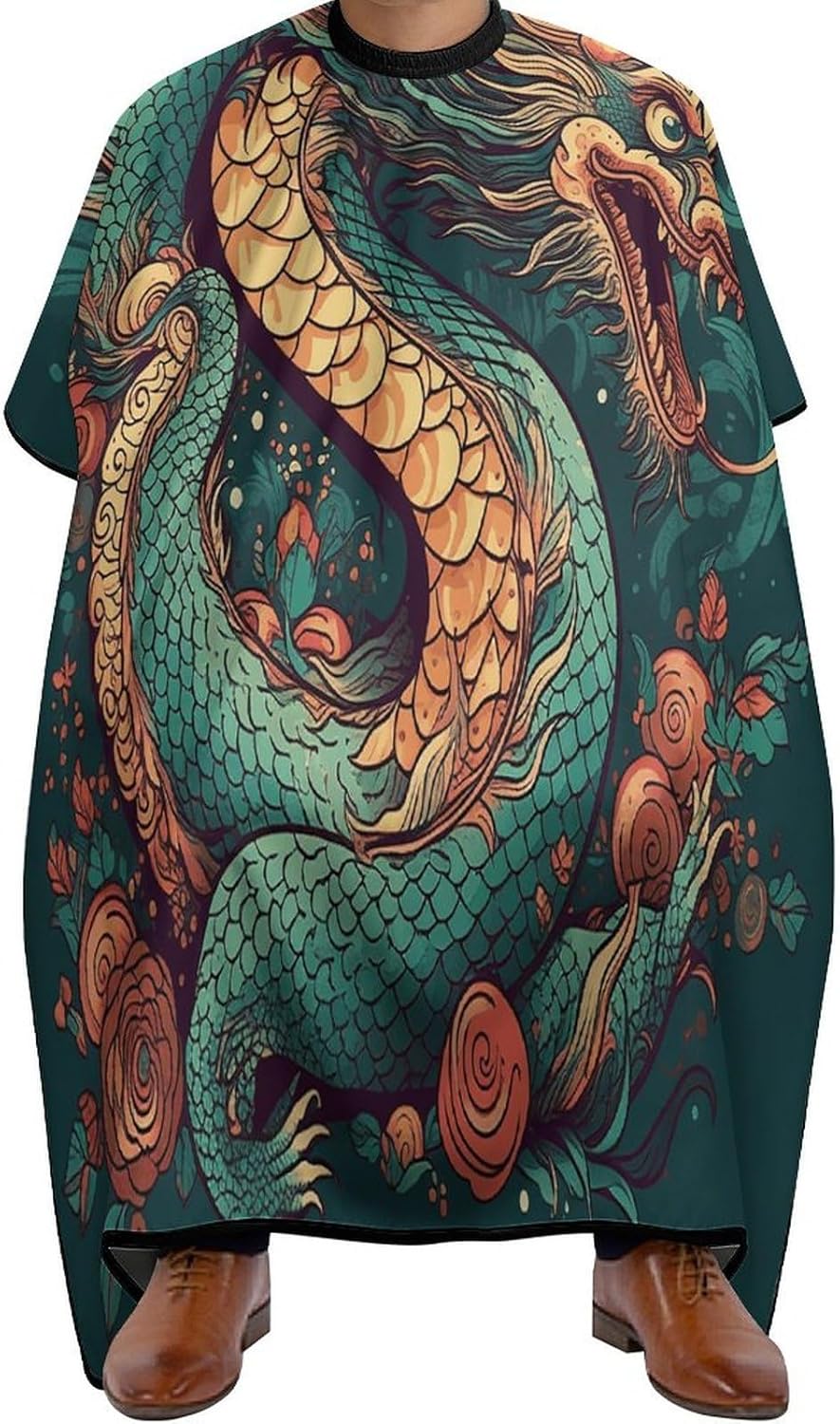 Oriental Dragon Pattern Apron for Women Men,Barber Cape with Adjustable Snap Closure,Hair Cutting Cape,66.9 X 56.7 Inches for Hair Dye, Comb-out, Styling, Shampoo