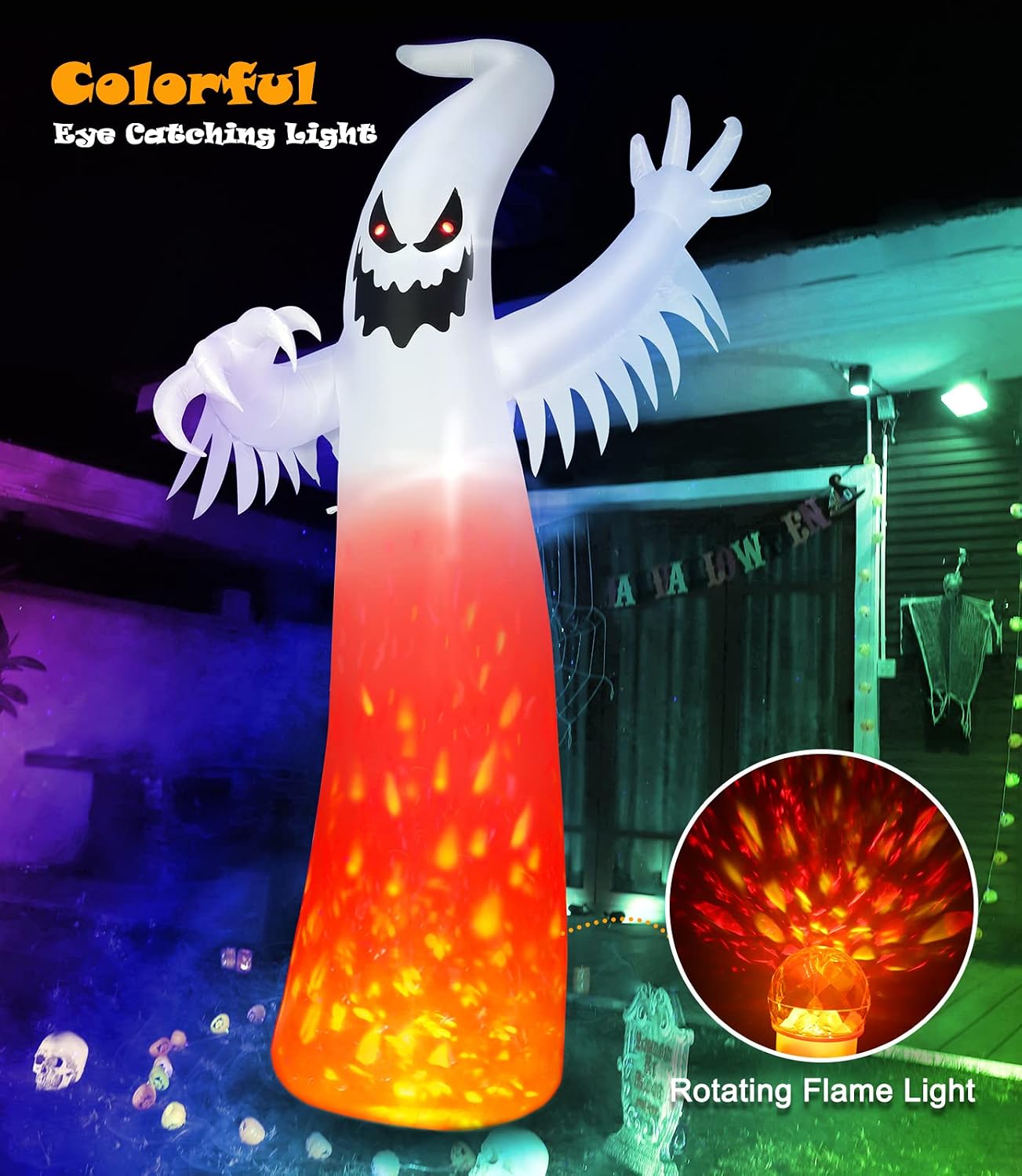 12 FT Giant Halloween Inflatable Ghost Outdoor Yard Decorations, Large Blow up Ghost with LED Spinning Flame Lights & Blink Red Eyes, Holiday Clearance for Garden Lawn Patio Festival Party
