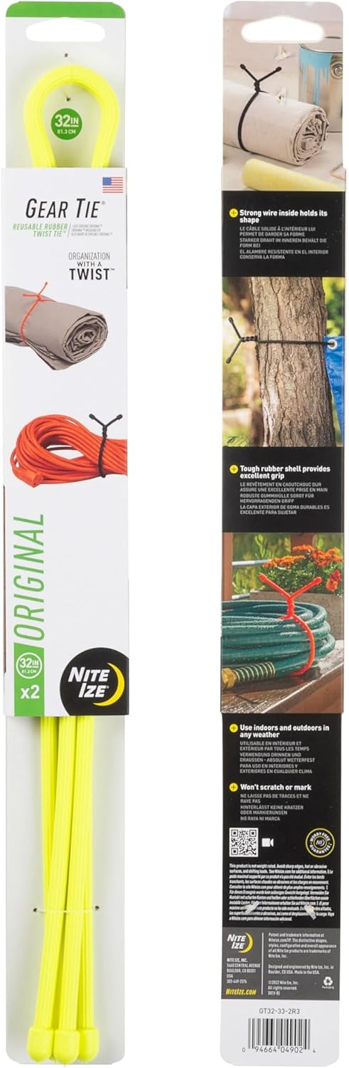 Nite Ize Gear Tie Reusable Rubber Twist Tie - Bendable Rubber Ties for Indoor & Outdoor Use - Reusable Multipurpose Twist Ties for Organizing & More - 32", Neon Yellow (2 Pack)