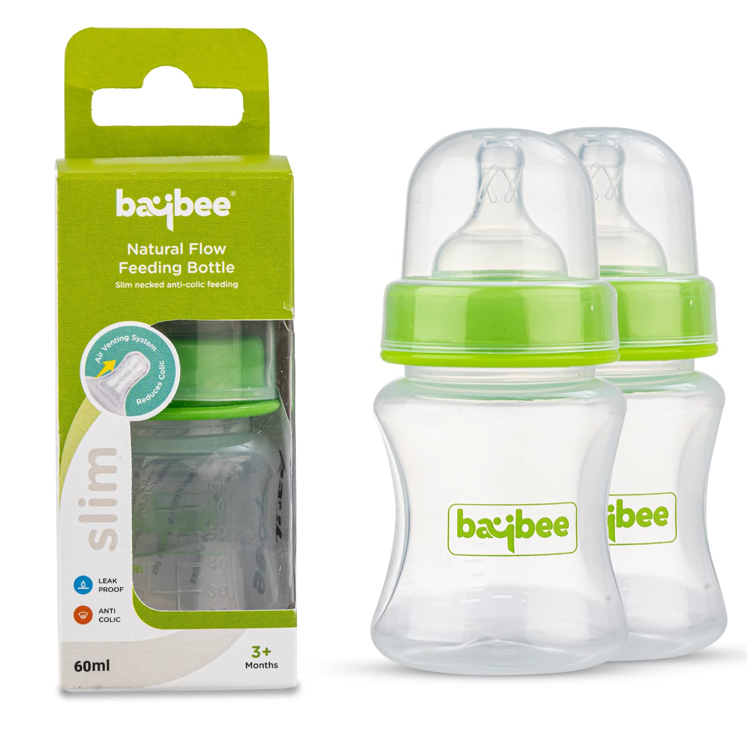 Baybee Natural Flow Baby Feeding Bottle 60ml, Leak Proof BPA Free Milk Feeding Bottle for New Born | Slim Neck Anti Colic Feeding Bottle| Feeding Bottle for New Born Baby 3+Months (Pack of 2 )(Green)