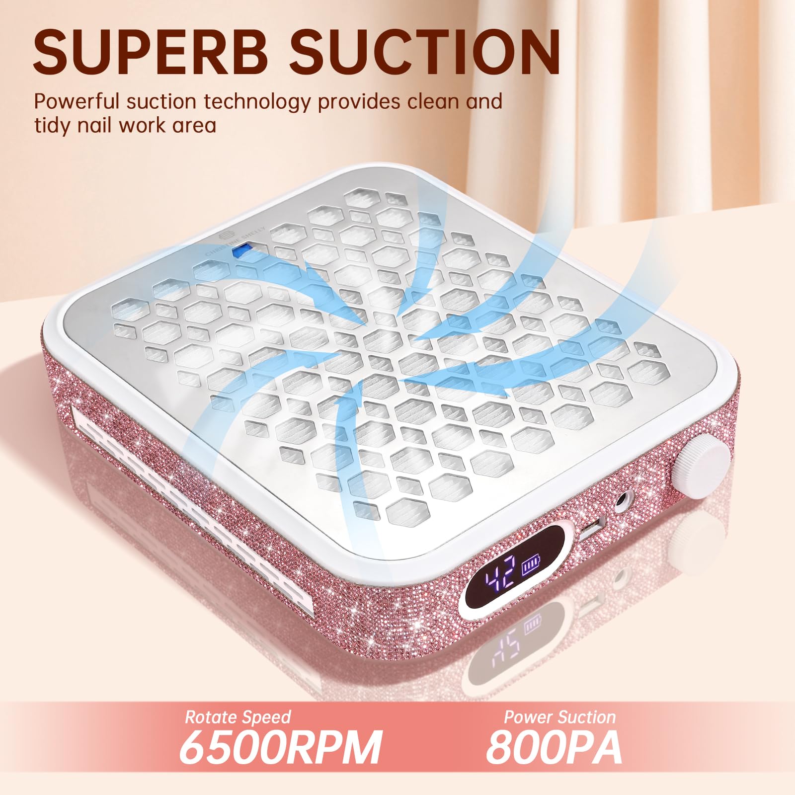 Aspirador De Polvo De Uñas Recargable 800pa, Extractor Inalámbrico Profesional con Motor Brushless, Ventilador Potente para Manicura Gel Y Acrílico Pink-Rhinestone