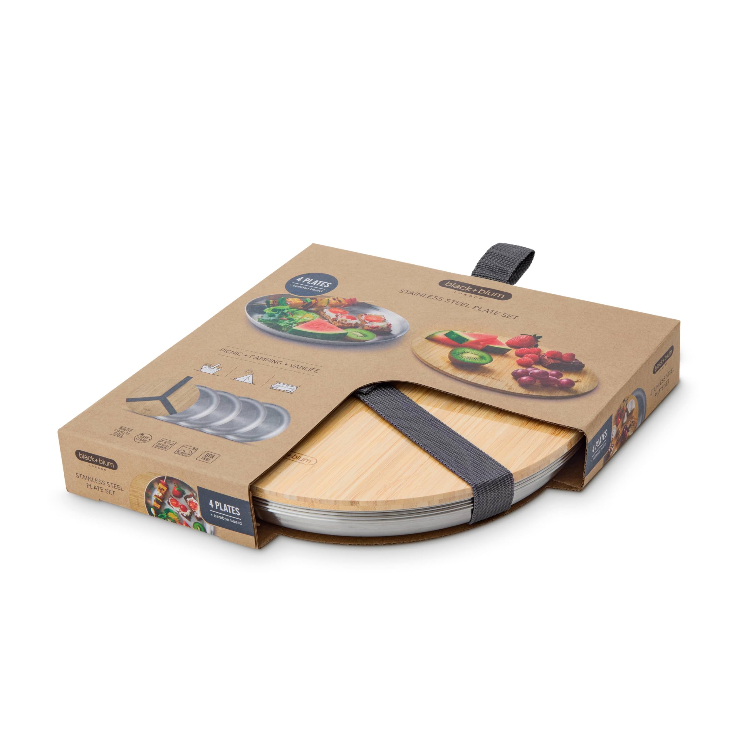 Black+Blum Lot de 4 assiettes de pique-nique en acier inoxydable avec couvercle en bambou et sangle de transport
