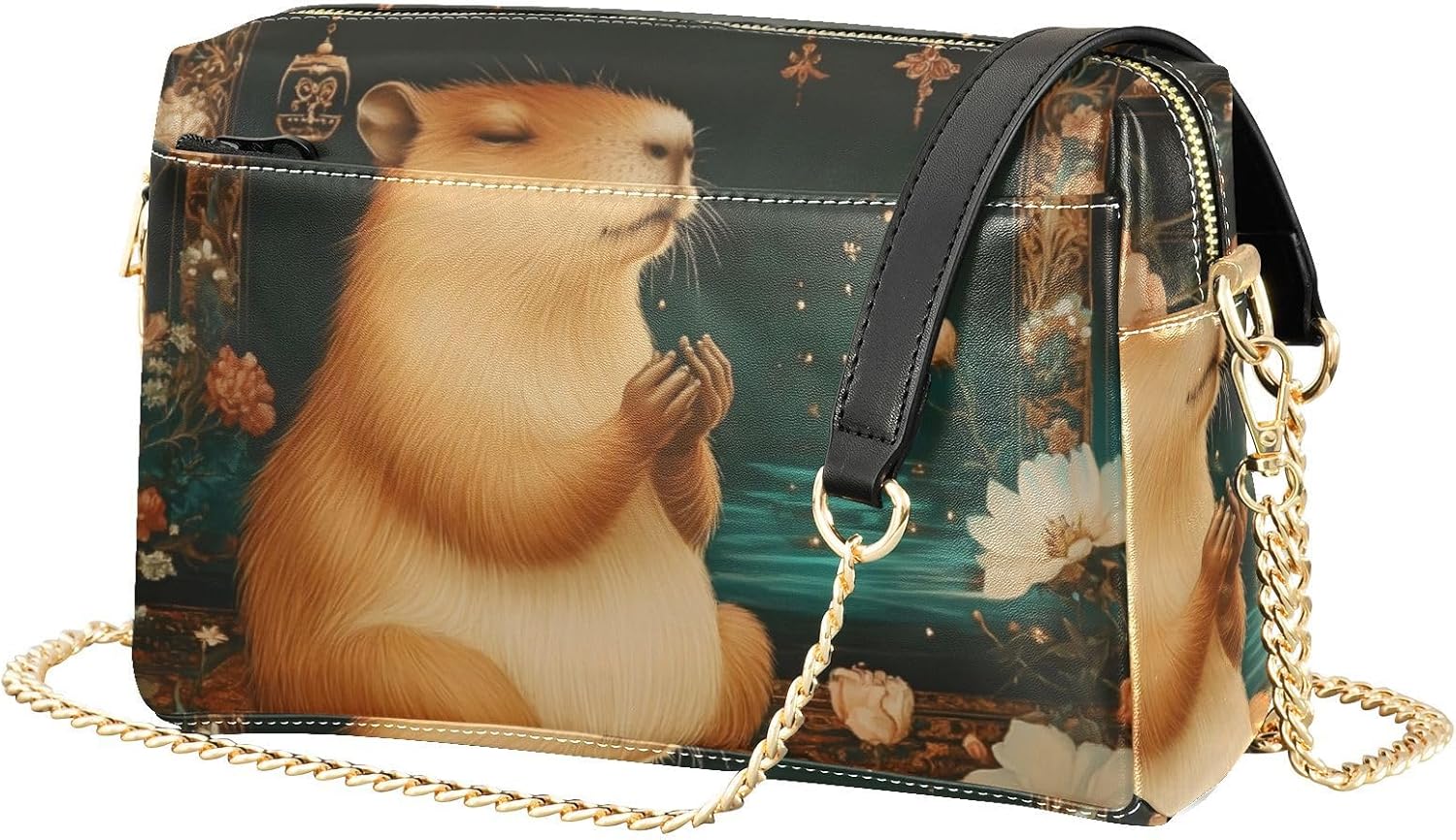 Women Crossbody Bag Shoulder Handbag Cellphone Purse PU Leather Metal Chain Strap Water Resistant Zipper Closure Capybara Praying Print
