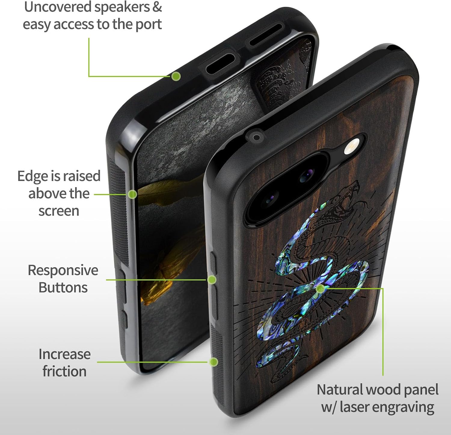 Carveit Magnetic Wooden Case for Google Pixel 9a Case, Wood Artisan Engraved & Handmade Shell Inlaid, Compatible with MagSafe Wireless Chargers (Viper's Coil) Blackwood