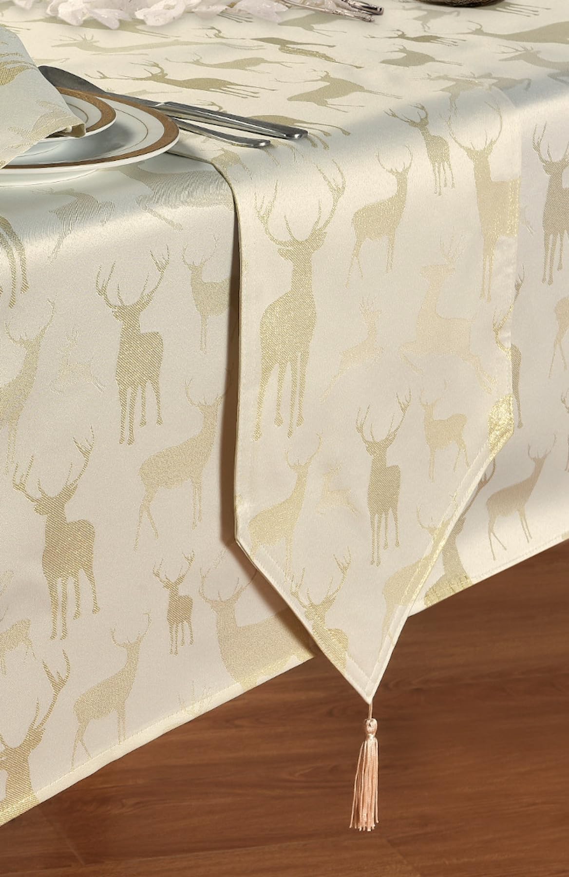 Kitchenwise Cream / Gold Large Stag Gold Table Runner, V End, Tassels, Shimmer Deer