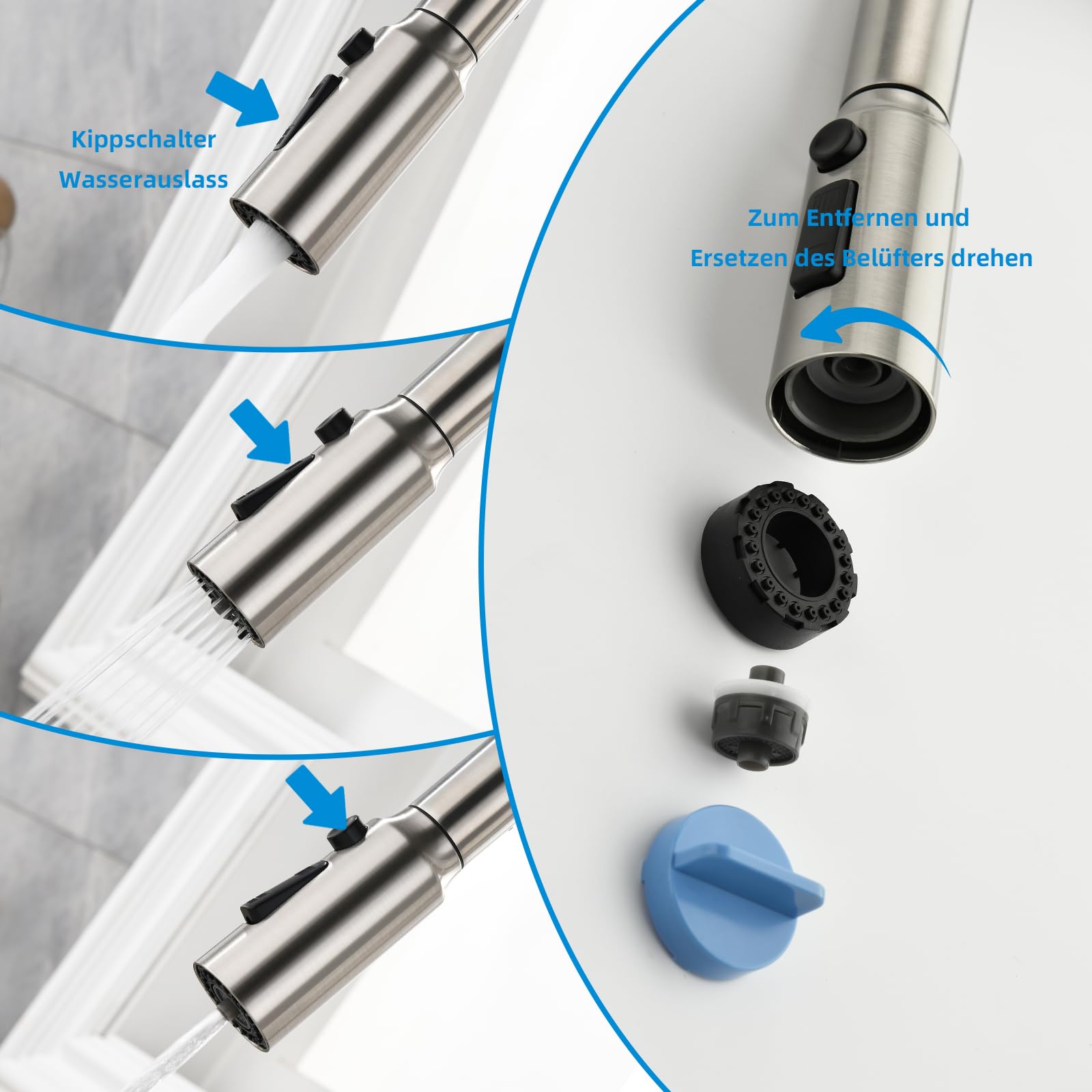 Rubinetto Cucina 3 vie Mynaiad Filtro acqua Lavaglassi Estraibile Doppia Uscita, Rotazione a 360°, Rubinetto Lavello Cucina, Miscelatore Cucina, Acciaio Inossidabile 304 Spazzolato