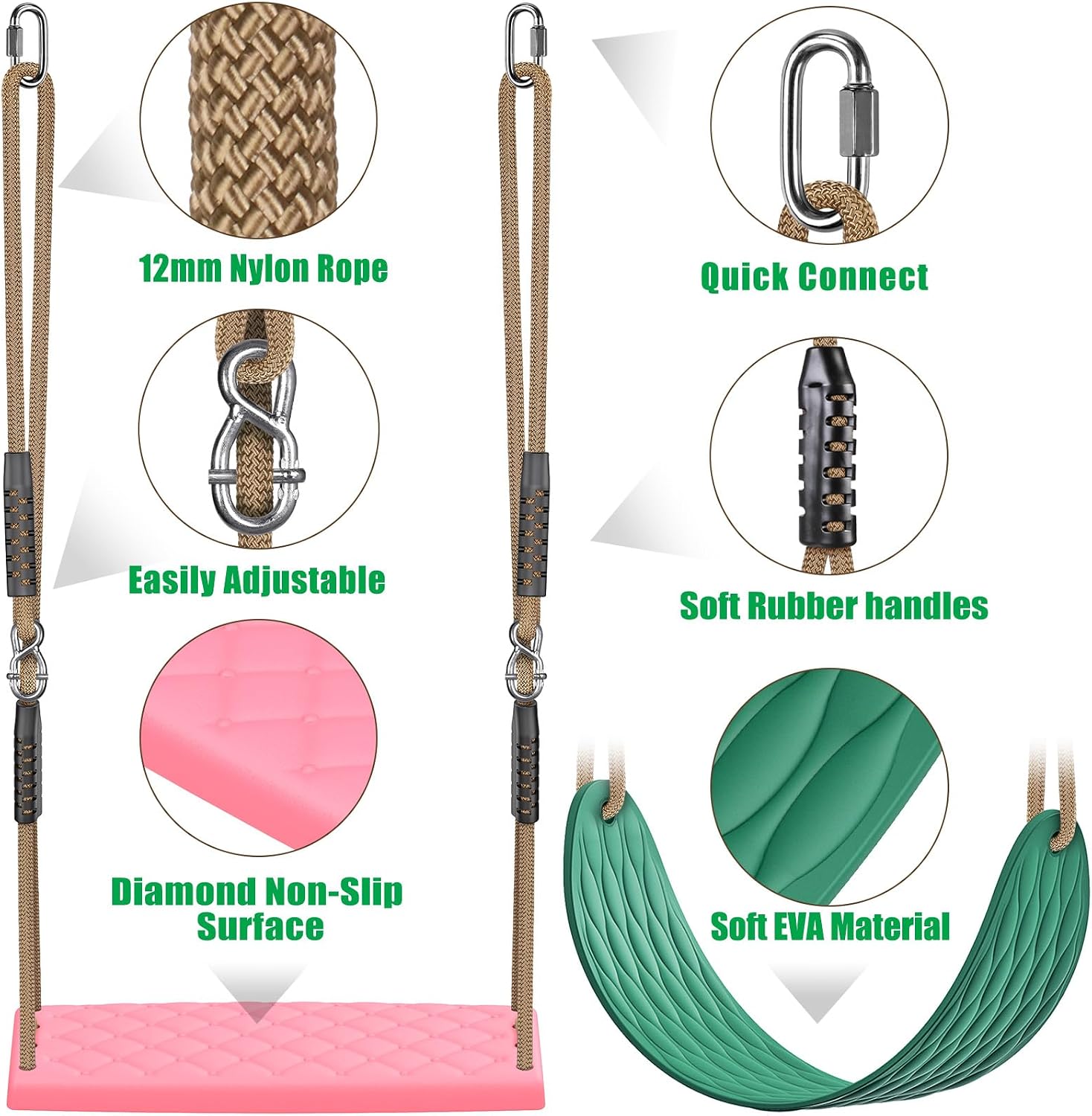 SELEWARE Heavy Duty Swing Seat Replacement, Kids & Adults, Adjustable Rope image 4