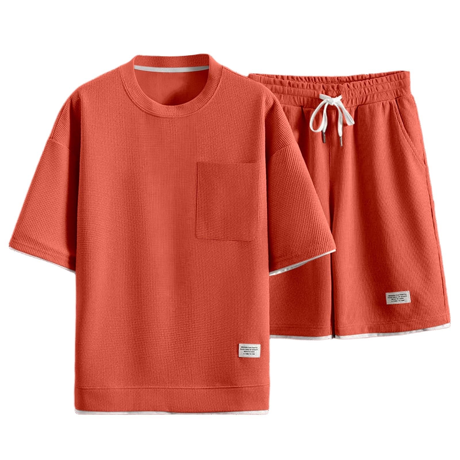 Waffle Sommer Outfit Herren 2 Teiler Herren Sommer Outfit Zweiteiler Kurz Trainingsanzug Shorts und Tshirt Set Sportanzug Jogginganzug Kurz Zweiteiler Freizeitanzug Sport Kleidung S-4XL