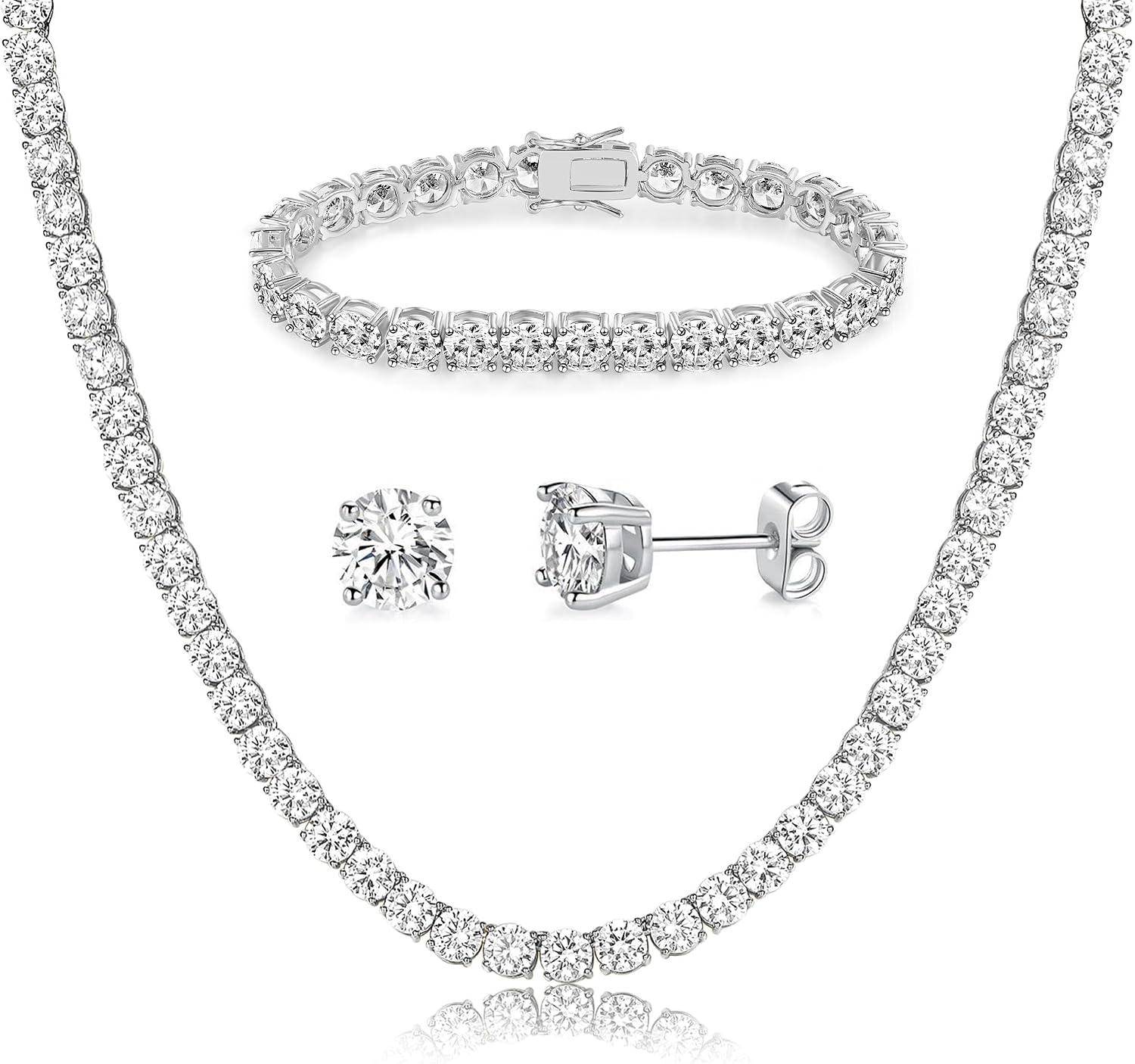 Gemsme 18K White Gold Plated Tennis Necklace/Bracelet/Earrings Sets Pack of 3