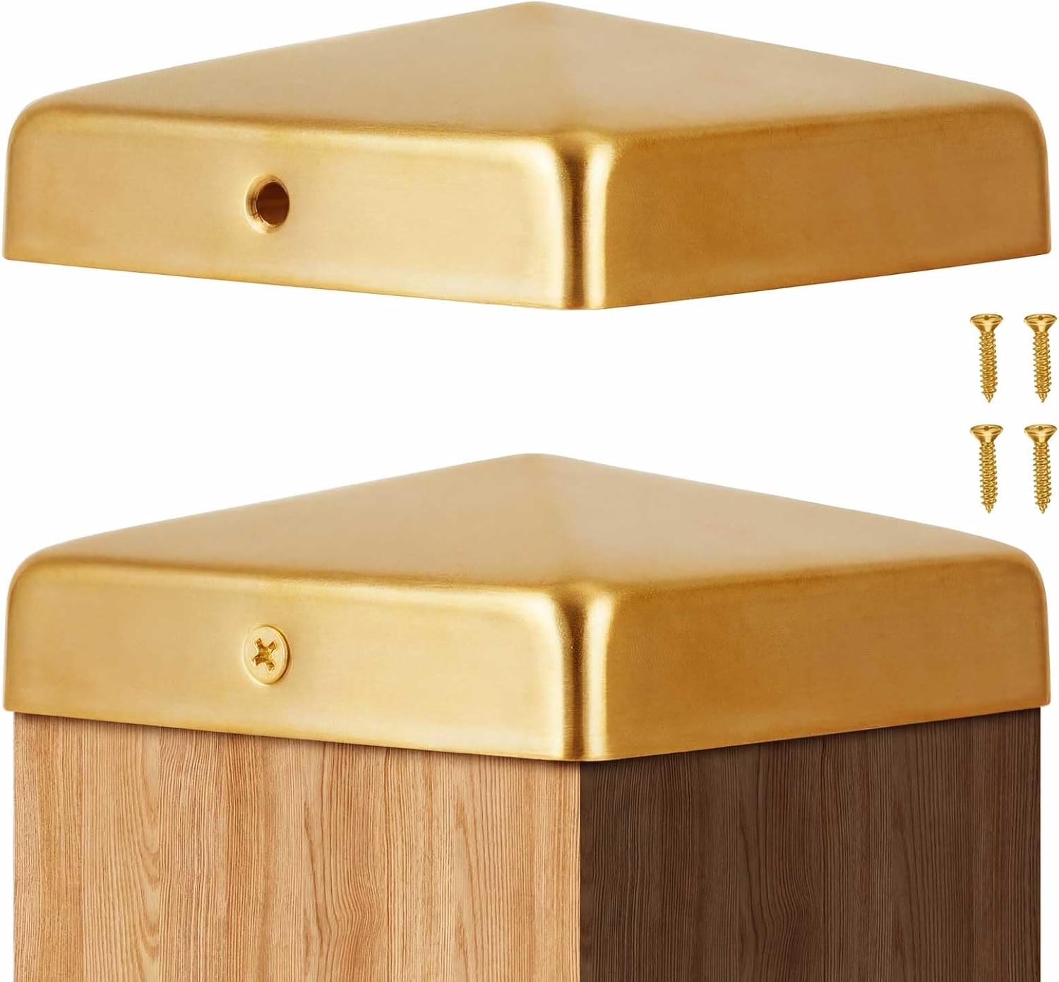 Tandefio 2 Pcs 4x4'' (Actual 3.5x3.5'') Fence Post Caps Solid Brass Pyramid Decking Caps with Screw Golden Brass Bed Post Cap for Metal Wood Cedar Fence Deck Corridors Mailbox Posts End Cover