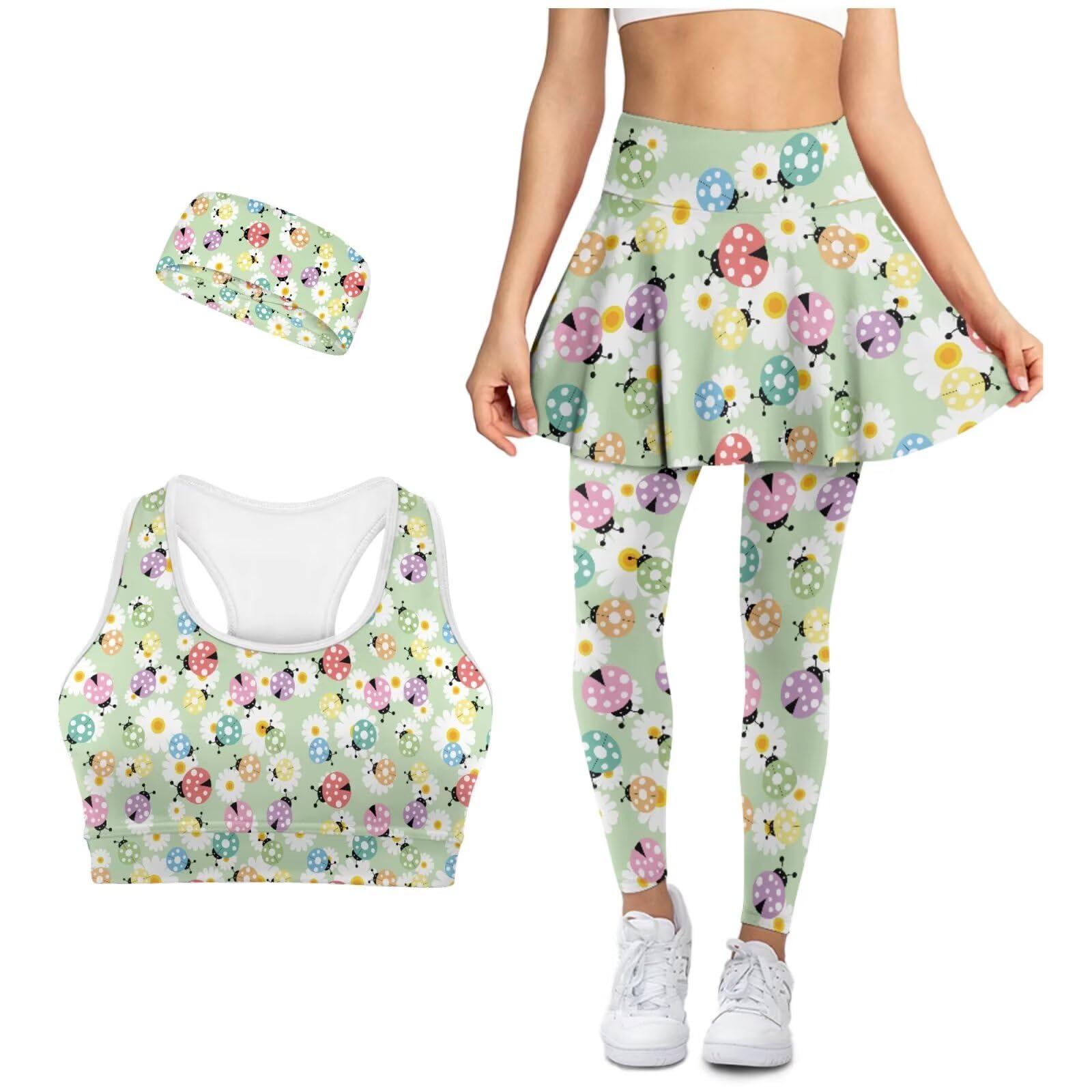Yoga Sets for Women Matching Workout Sets with Sport Bra Skirted Leggings Sport Headband