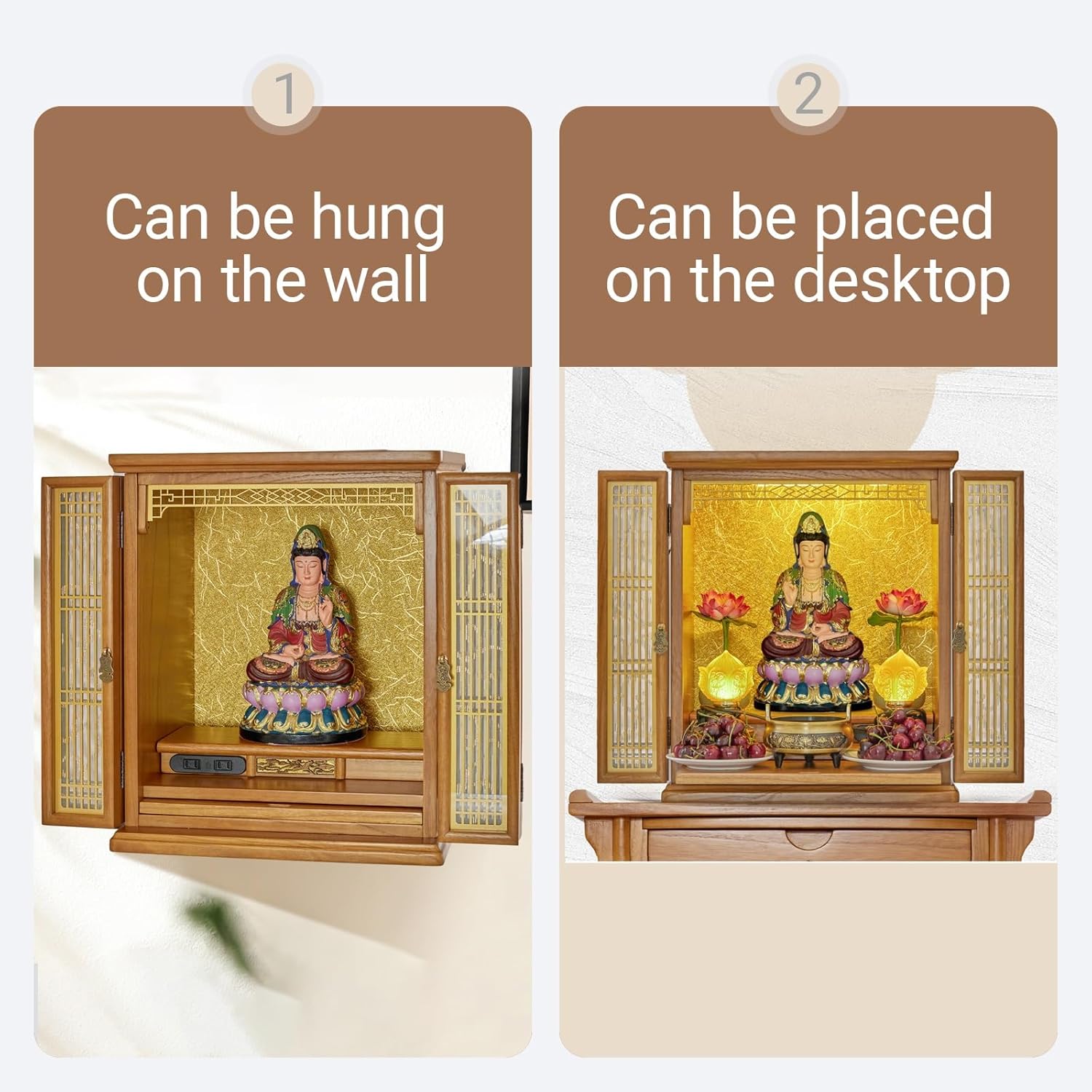 Altar shelf，Household Wood Wall-Mounted Cabinet Personal Shrine Table, Buddha Niche with doors,God Of Wealth Guanyin Statue Display Stand for Pooja and Incense Tribute(Walnut,B)
