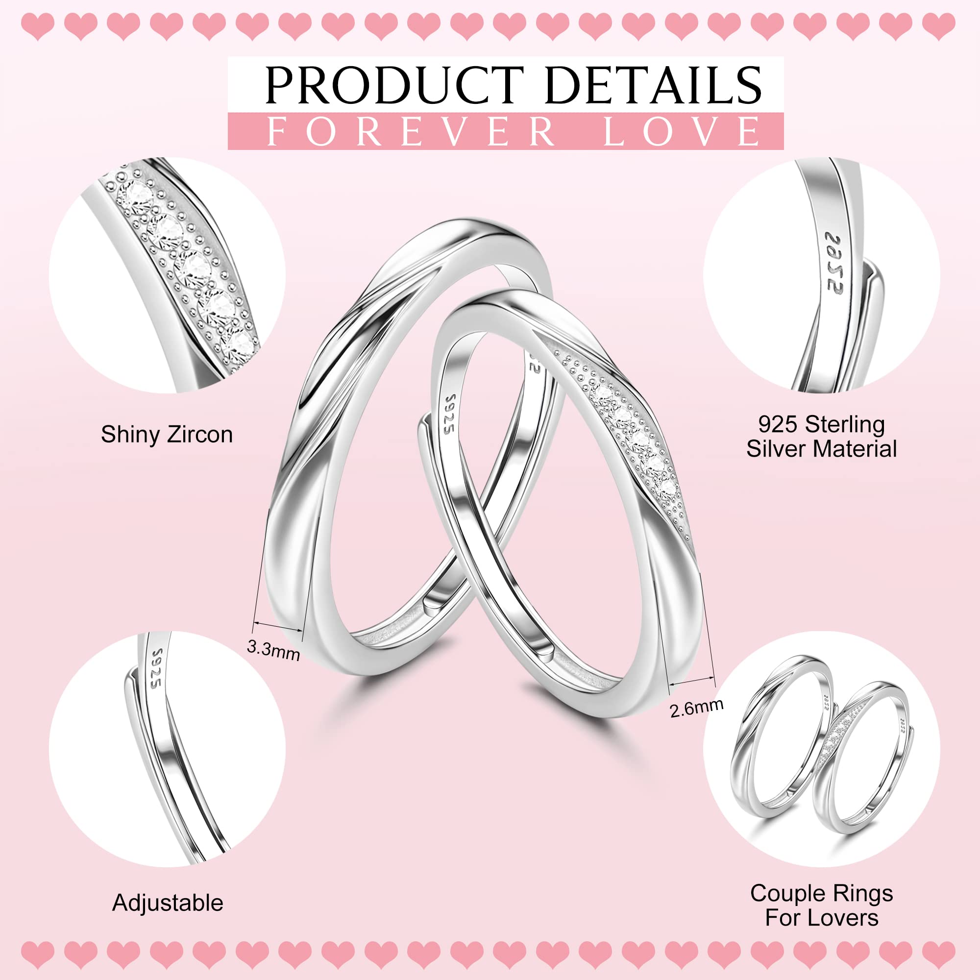 1 Paia Sterling Argento 925 Anello Uomo Donna Fedine Fidanzamento Coppia Argento FEDI Nuziali Anelli Regolabili Regalo Anniversario Coppia