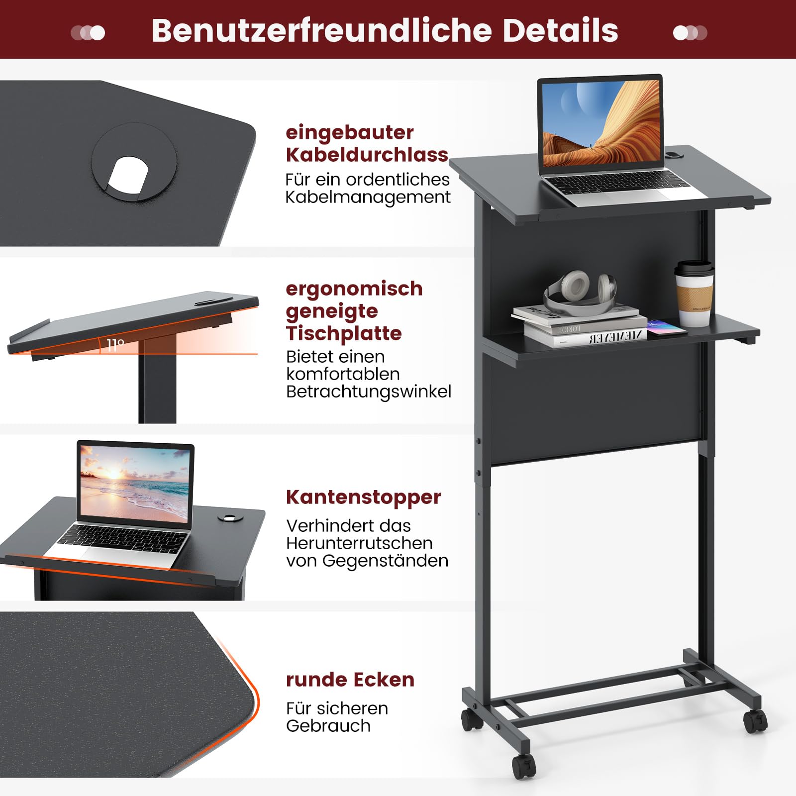 COSTWAY Stehpult höhenverstellbar, Steh-Sitz Schreibtisch mit Rollen, mobiler Stehschreibtisch mit geneigter Tischplatte & Ablagefläche, Laptoptisch für Zuhause & Büro, Schwarz