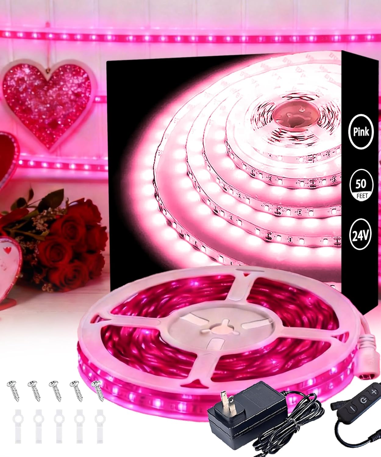 Pink 50 Feet Led Lights Strip Valentines Day Decor Rope Lights Easy DIY Princess Bedroom Cuttable Strip Lights for Baby Room Bathroom Living Room Kitchen Ceiling Wall Vanity Mirror Decoration