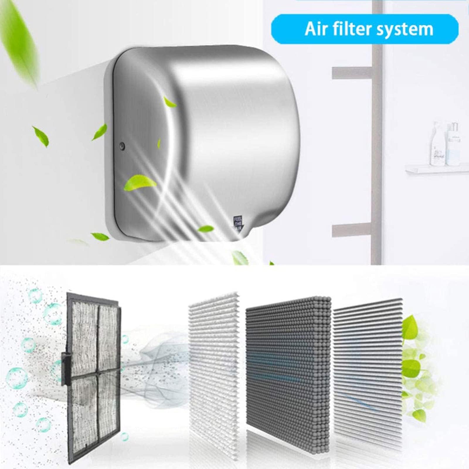 Secador Manos 1200W, Secadores Manos por Inducción Inteligente, 5-8S, Sensor Inteligente Infrarrojo+Filtración, Salida Aire Alta Velocidad, para Hoteles, Restaurantes, Hospitales,A