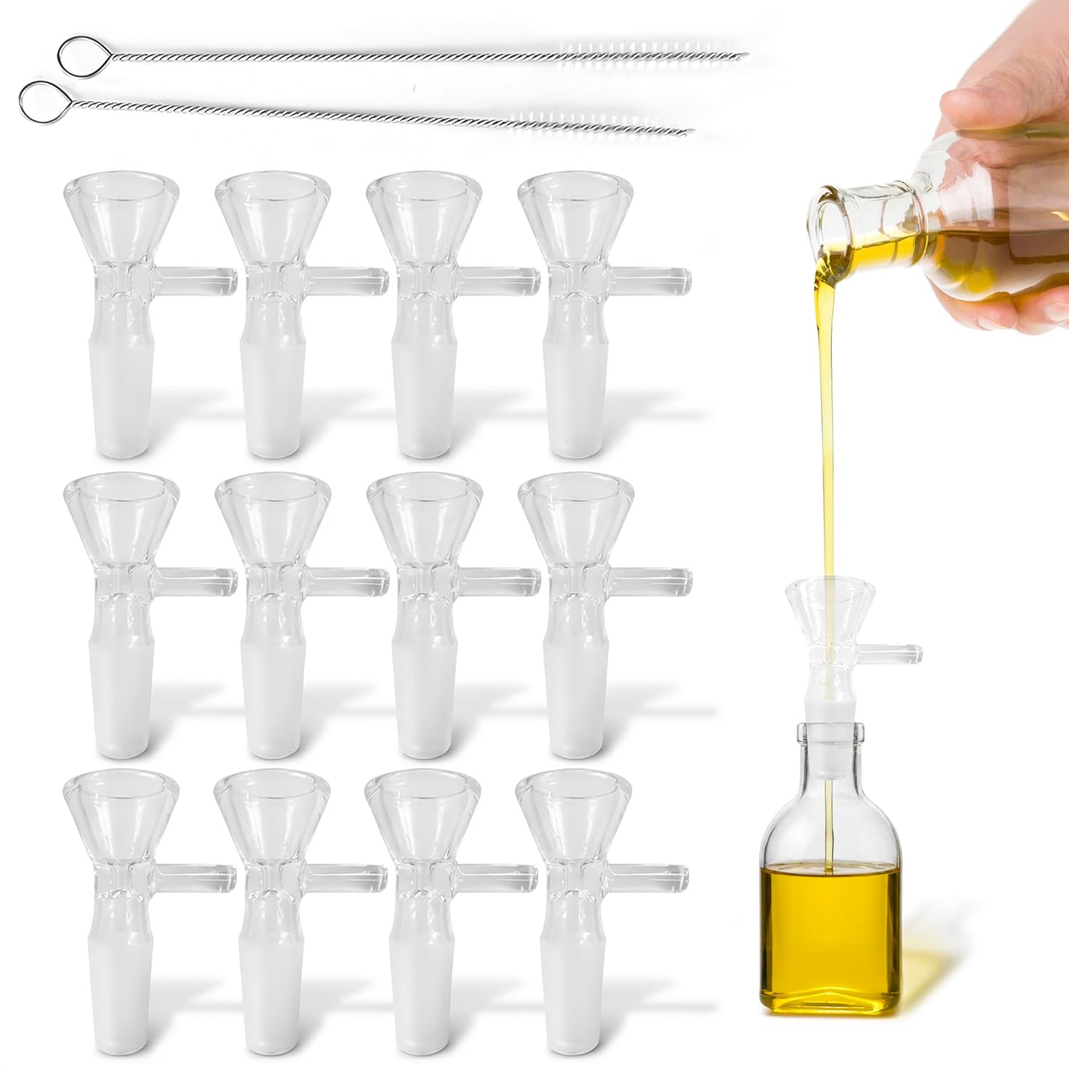 ALPENKOK 12-Pack 14mm Glass Funnels with Handle - Thick Spill-Proof Clear Glass for Liquids, Oils, Kitchen & DIY | 2 Cleaning Brushes Included