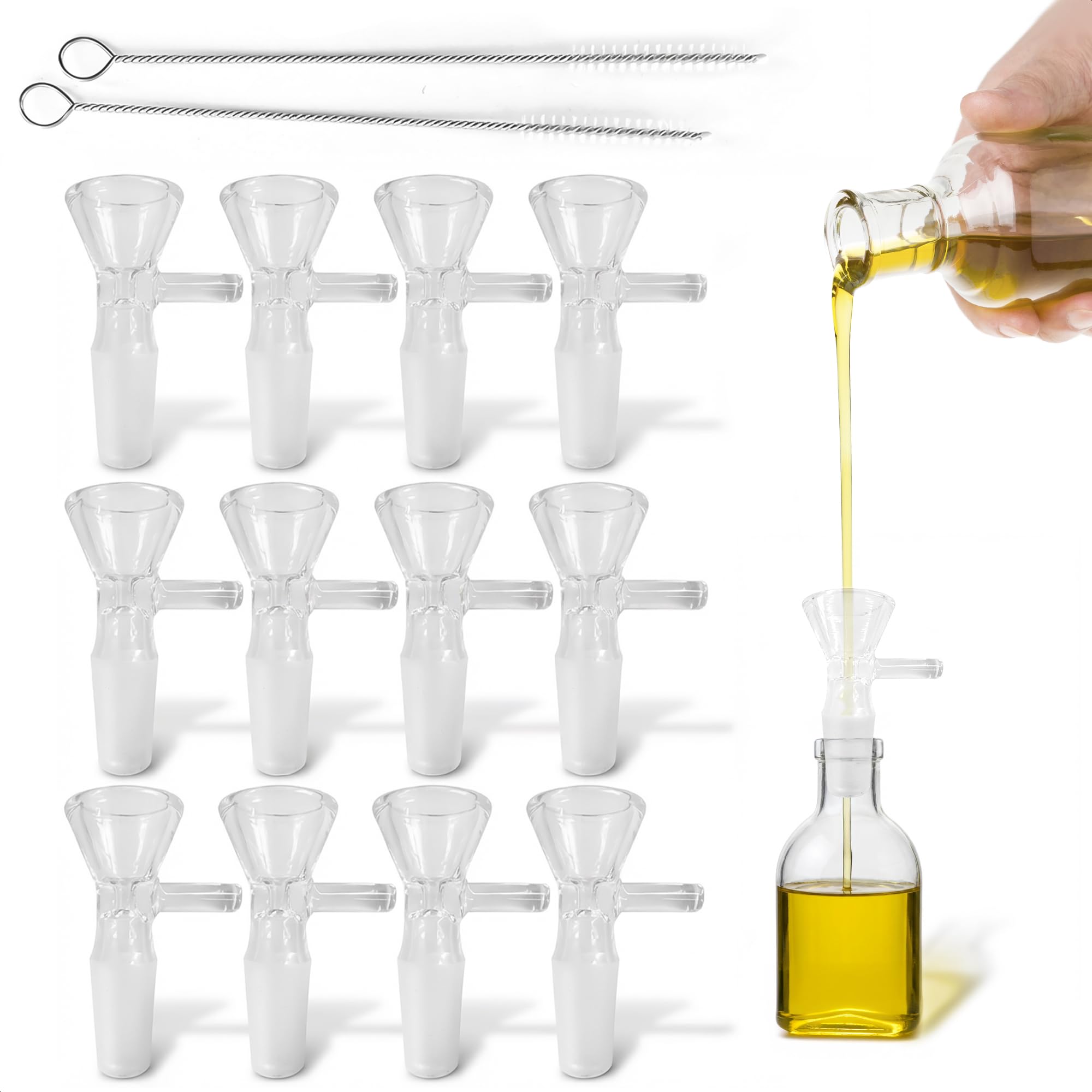 12-Pack 14mm Glass Funnel with Handle – Thick Spill-Resistant Clear Glass Funnels for Liquids and Oils – Easy Pouring, Ergonomic Handle for Kitchen &