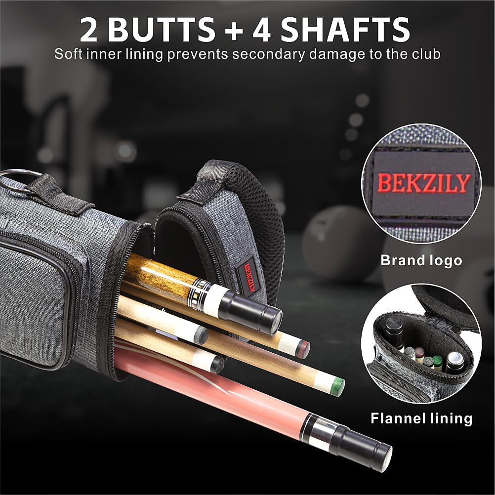 2x4 Pool Cue Case - Hard Shell Billiard Cue Holder with Nylon Exterior,Waterproof Dustproof, Adjustable Shoulder Strap & 3 Accessory Pockets,Fits 2 Butts & 4 Shafts