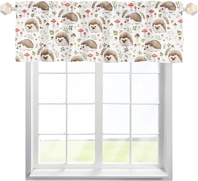 Watercolor Hedgehogs Mushroom Leaves Valances 54x18 Rod Pocket Window Treatments Animals Autumn Fall Short Curtain for Toddler Nursery Bedroom Living Room Kitchen Bathroom