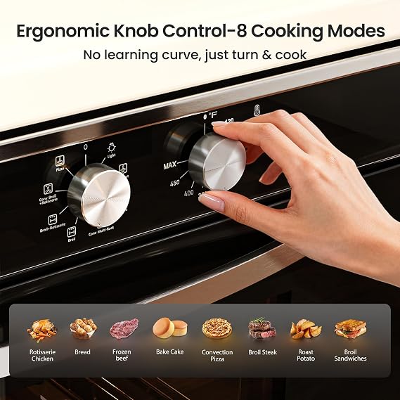 VIKIO HOME Single Wall Oven 24, 2.83 Cu.Ft-80L with 8 Functions Built-in Electric Ovens, 240V, 3220W Fast Preheat, Mechanical Knob Control for Easy Cooking
