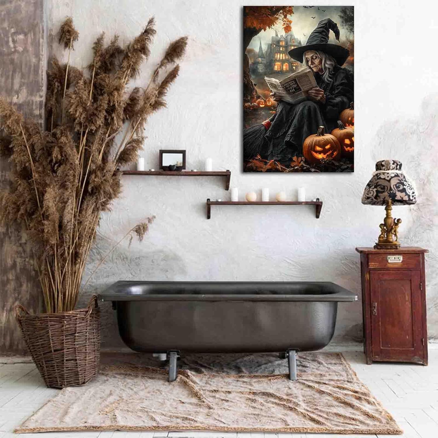FOTRIC Autumn Witch Halloween Canvas Wall Art Witch Broom in Magical Forest Poster Prints Halloween Pictures Horror Witchy Home Decor Dark Academia Horror for Bedroom Home Wooden Frame 8x12 inch