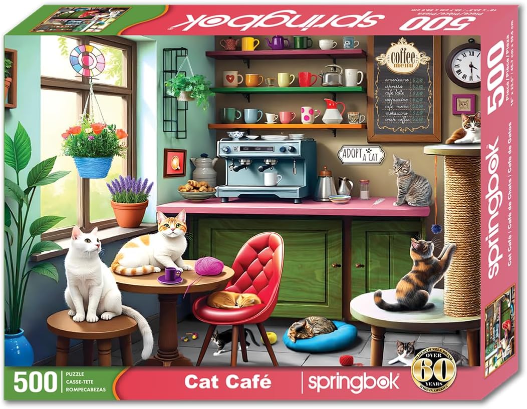 Springbok Cat Cafe 500 Piece Jigsaw Puzzle for Adults - Kittens in a Coffee Shop - Unique Cut Pieces - Made in USA