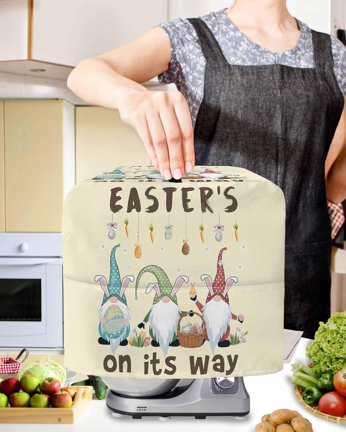 Beige Gnomes Easter Stand Mixer Cover with Storage Pocket, Waterproof Kitchen Mixer Covers, Eggs Botanical Carrot Pastoral Kitchen Appliance Dust Cover Compatible with 4/4.5 Quart Mixers