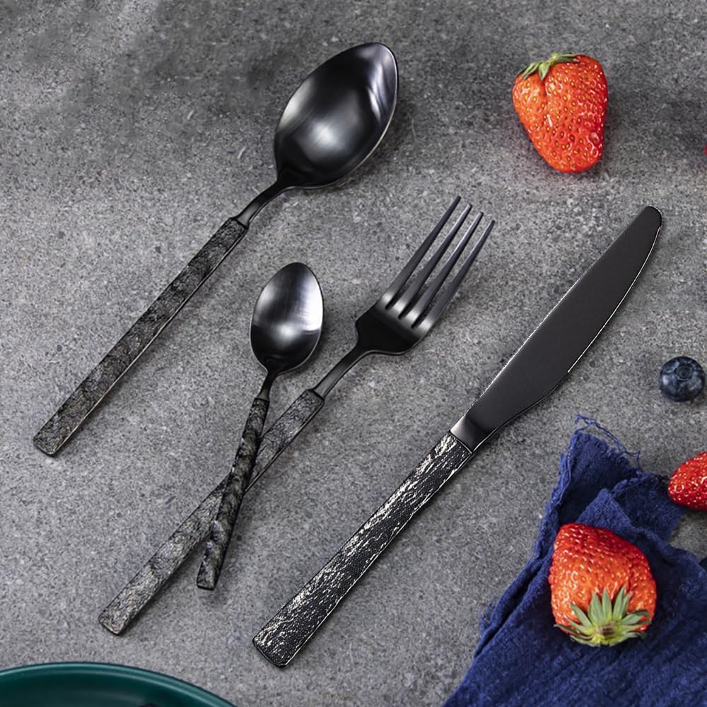 Besteckset 8 Personen Geschirrset Geschnitztes Besteck Edelstahl Schwarz Set, Cutlery Set, Spülmaschinenfest Beste Geschenkkombination ESSONIO (8 Satz mit 32 Stück)