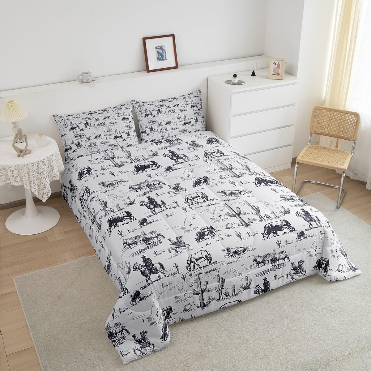 Feelyou Western Comforter Set King Size, White and Black Cowboy Cow Bedding Set Cowboy Comforter Desert Cactus Duvet Set Soft Bed Set 3Pcs - Image 3