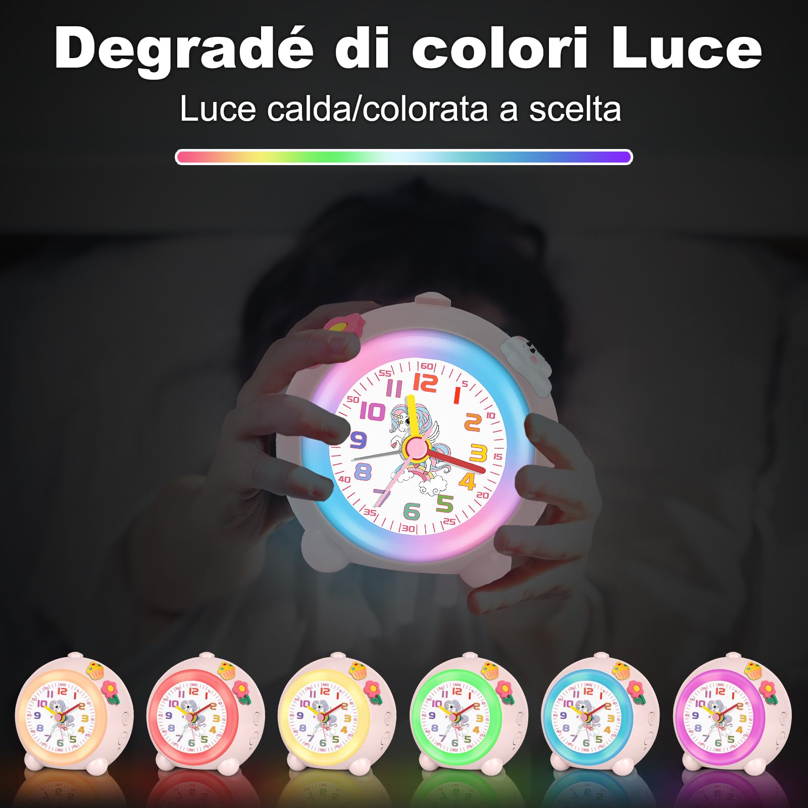 SOCICO Sveglia analogica per bambini ragazze, design unicorno, silenziosa, senza ticchettio, graziosa sveglia analogica pesca, con luce colorata, volume regolabile (rosa pallido)