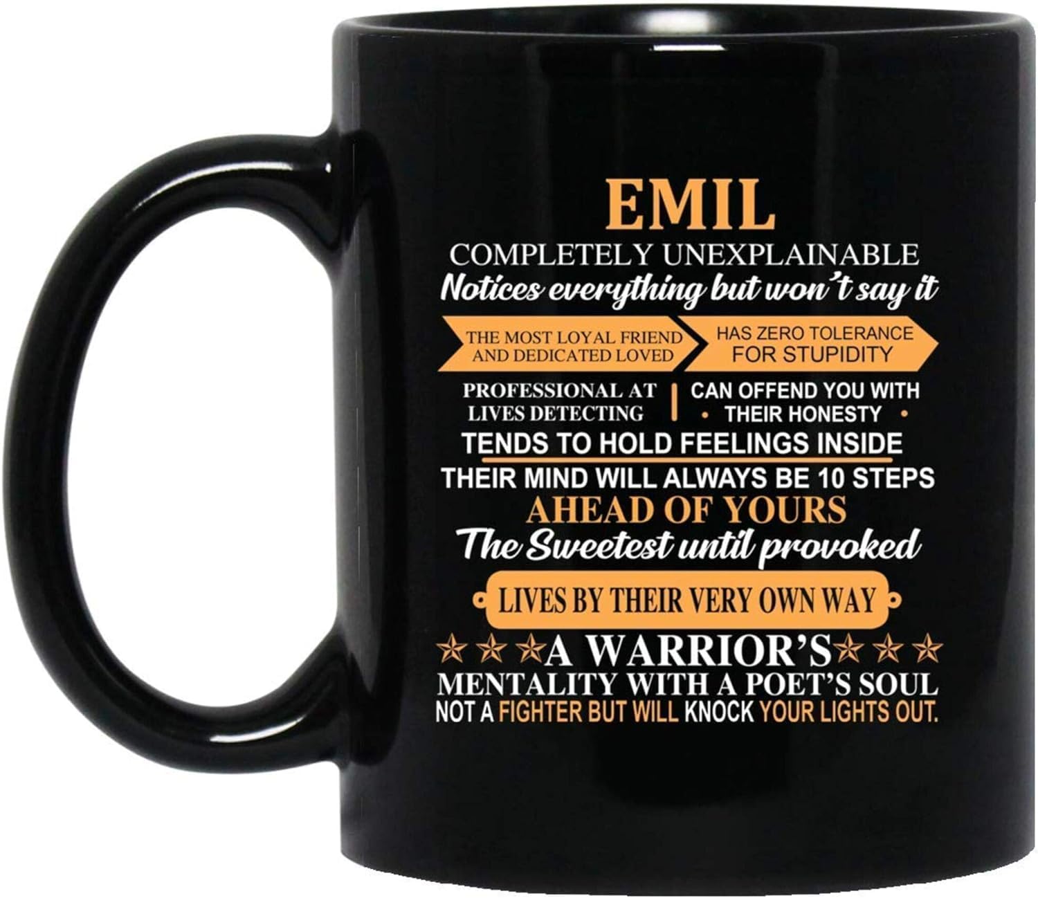 Humorous Gift Idea Personalized Cup for Him, her Emil Completely Unexplainable Customized Coffee Tea Mugs for Wife, Girlfriend on Christmas Black Ceramic 11 Oz Wtwueb 27179