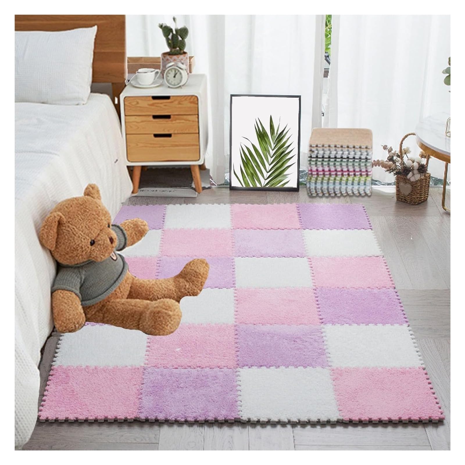 10-częściowa mata podłogowa z puzzli, taka jak dywaniki, piankowa, pluszowe płytki dywanowe obramowaniem, 12x12 cali(Gray+white+navy Blue,0.23 inch)