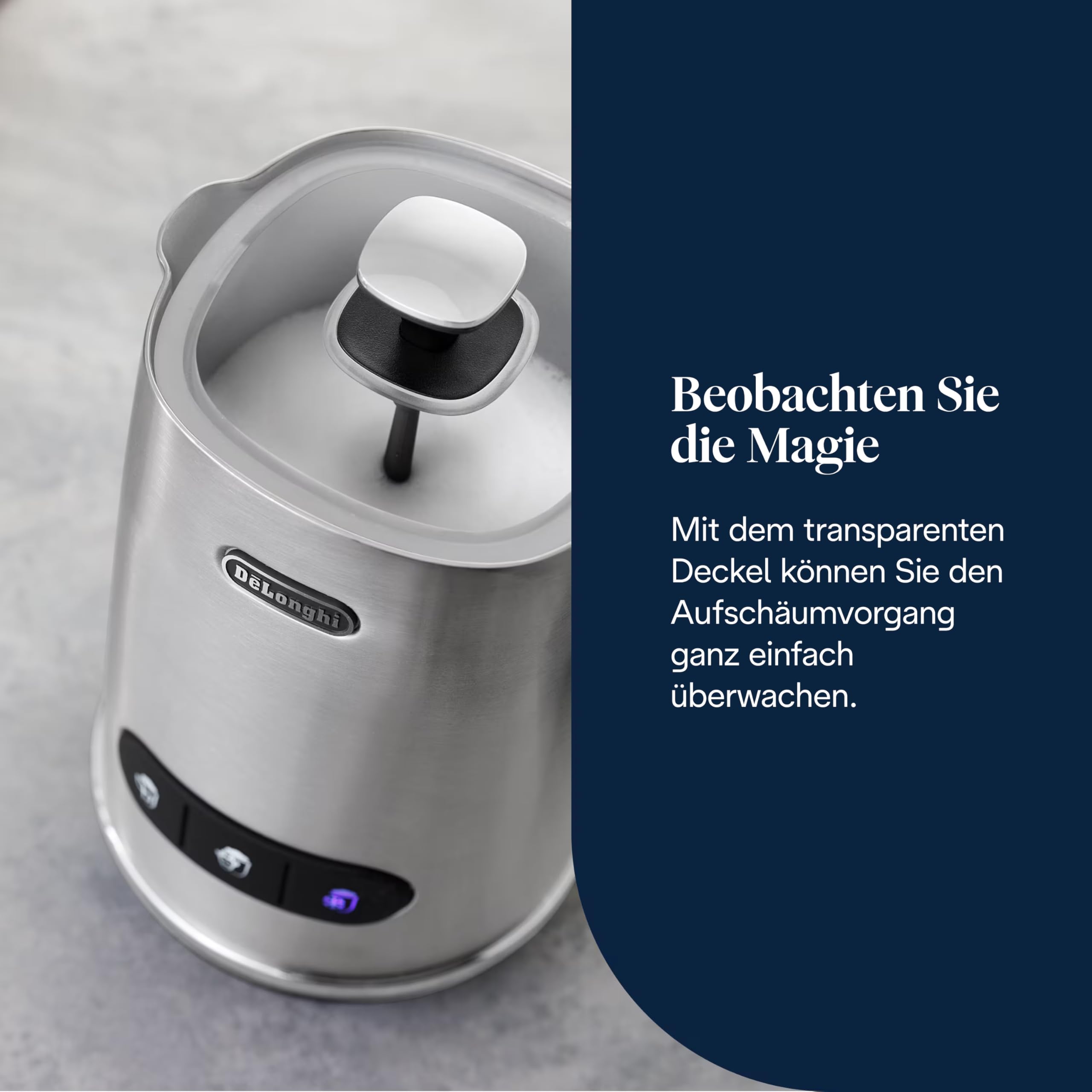 De'Longhi Elektrischer Milchaufschäumer LatteMix EMF3.M, für heiße & kalte Milch & pflanzlichen Alternativen, einfache Reinigung, transparenter Deckel, 3 Tasten, 250ml, Weiß