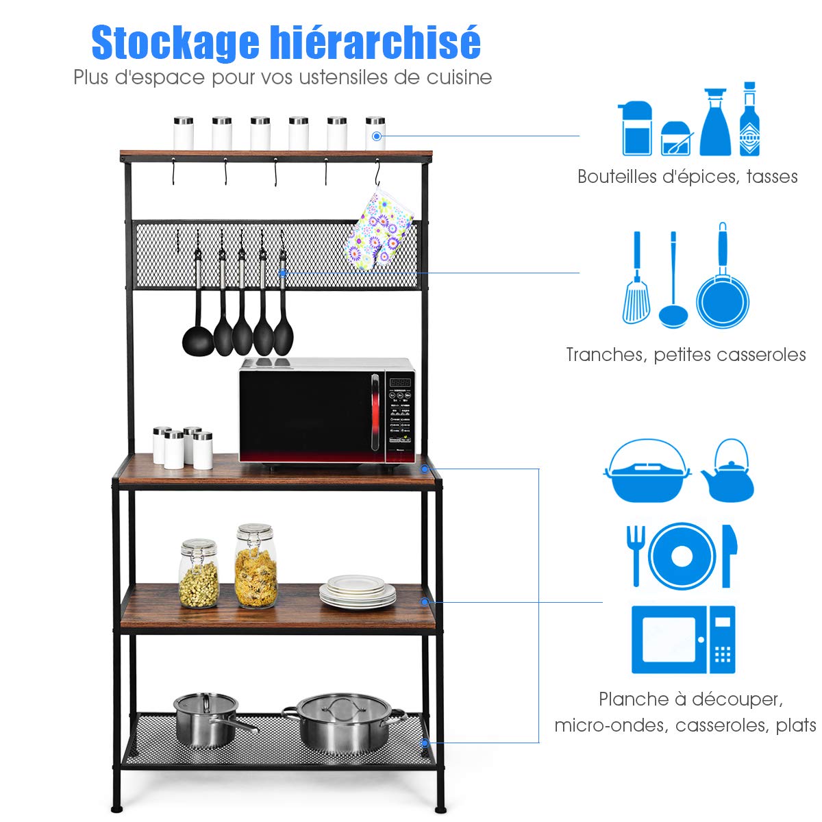 COSTWAY Étagère de Cuisine, Support pour Four à Micro-Ondes à 3 Etages, 11 Crochets en S et 1 Panneau en Grille, Meuble Rangement pour Epices, Pots, Casseroles, Pieds Antidérapants de Style Industriel