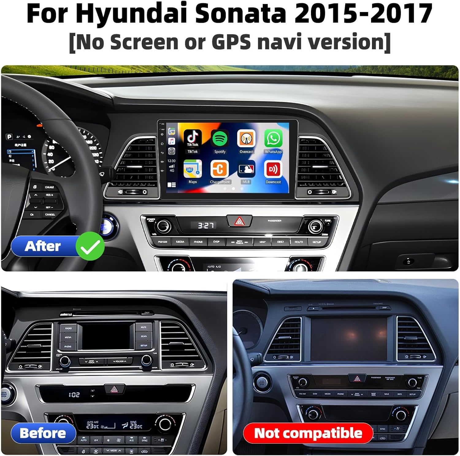 SIXTOP 2+64G Android 13 Car Stereo Radio for Hyundai Sonata 2015 2016 2017 Apple Carplay Android Auto GPS Navigation Mirror Link 9 inch Touch Screen FM RDS Bluetooth WiFi SWC +AHD Camera & MIC
