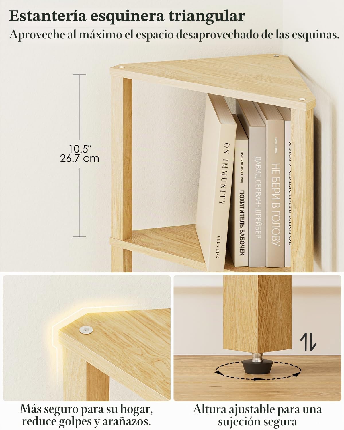 Estantería esquinera de 6 Niveles con luz LED, estantería Triangular de pie, Mueble Organizador Que Ahorra Espacio para salón, Dormitorio, Cocina o baño, Acabado Roble, 37 × 27 × 150 cm
