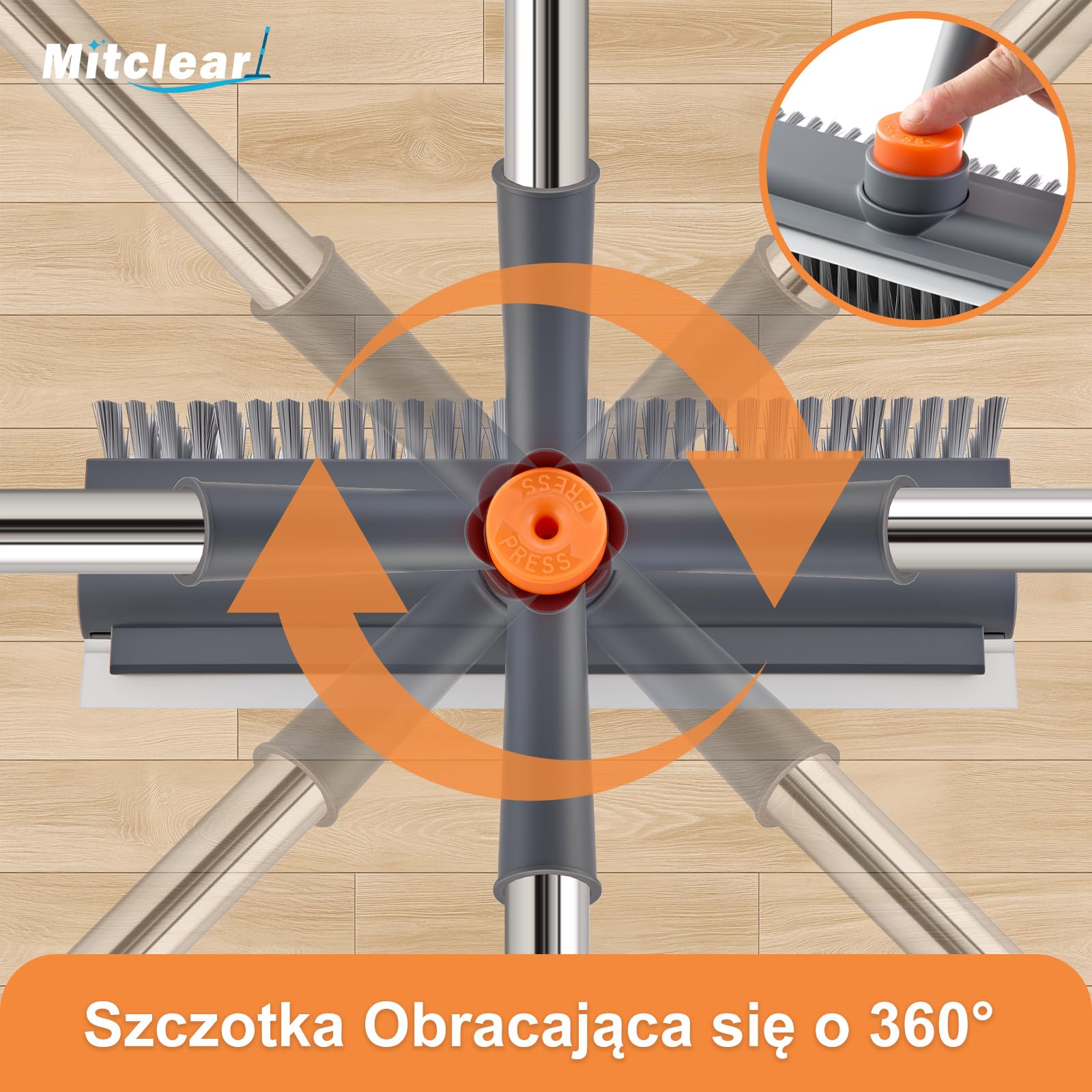 Mitclear Szczotka do Szorowania Podłóg z Długim Uchwytem(120cm), Szczotka do Szorowania 3 w 1 ze Sztywnym Włosiem i Ściągaczką do Szorowania Podłóg w Kuchni, Łazience, Tarasie, Patio, Garażu
