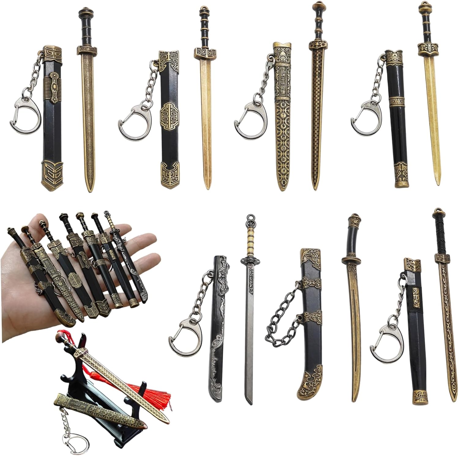 7Pcs 5 Inch Ancient Style Mini Sword Keychain Decorative Hanging Charm with Display Bracket image 4
