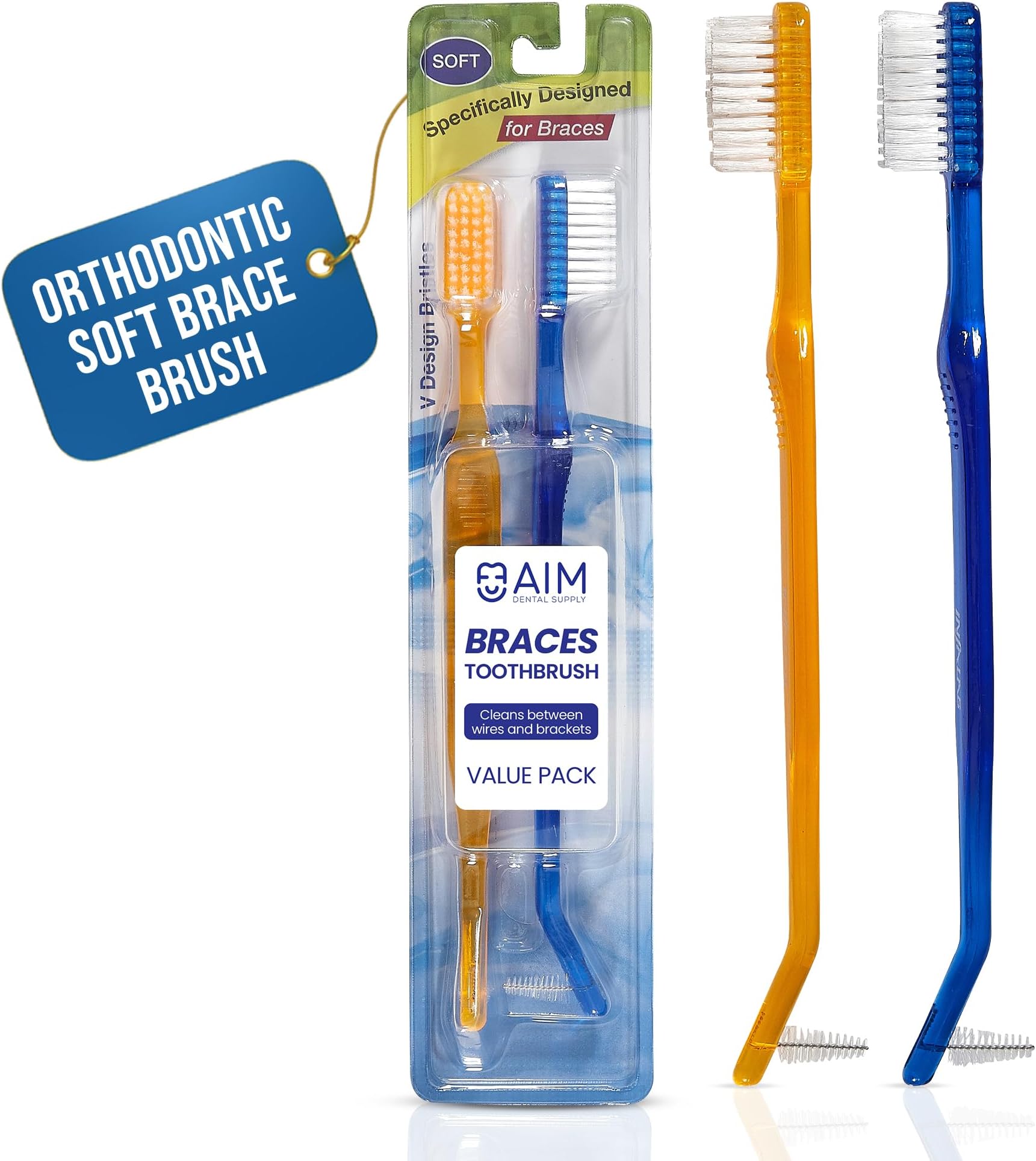 AIM Braces Toothbrush Soft Head V Trimmed Design 2-Pack | Quick Orthodontic Cleaning | Deep Clean Braces at Home