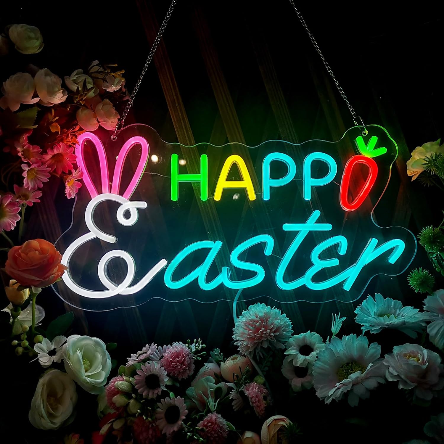 Happy Easter Neon Sign, Rabbit Shape Dimmable LED Easter Yard Sign Light, Easter Neon Sign for Wall Room Windows Lawn Party Decorations Easter Hanging Sign for Spring Front Yard Sign