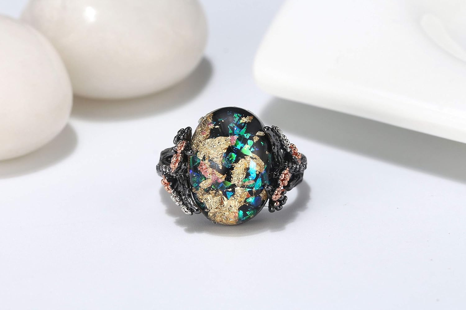 Henrietta Simulated Fire Opal Ring for Women by Ginger Lyne | Sterling Silver Tree Branch Setting Elven Fairy Flower Design for Engagement Statement or Promise Ring