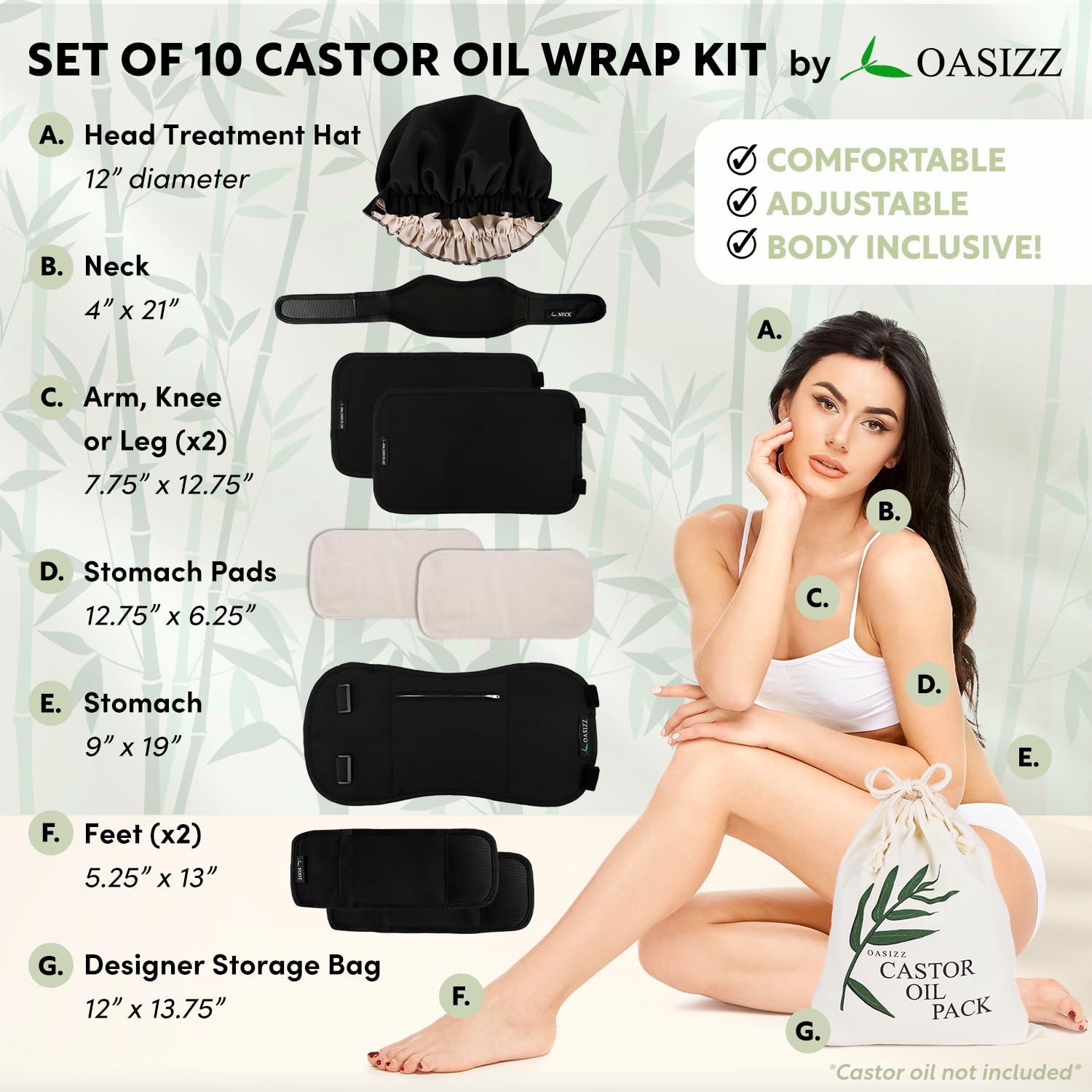 10-Piece Cotton Flannel Castor Oil Wrap Set, Ultra-Soft, Leak-Resistant & Reusable for Gentle Detox & Relaxation, Adjustable Fit for All Body Types, Added Bonus - Bonnet, Extra Pads & Storage Bag