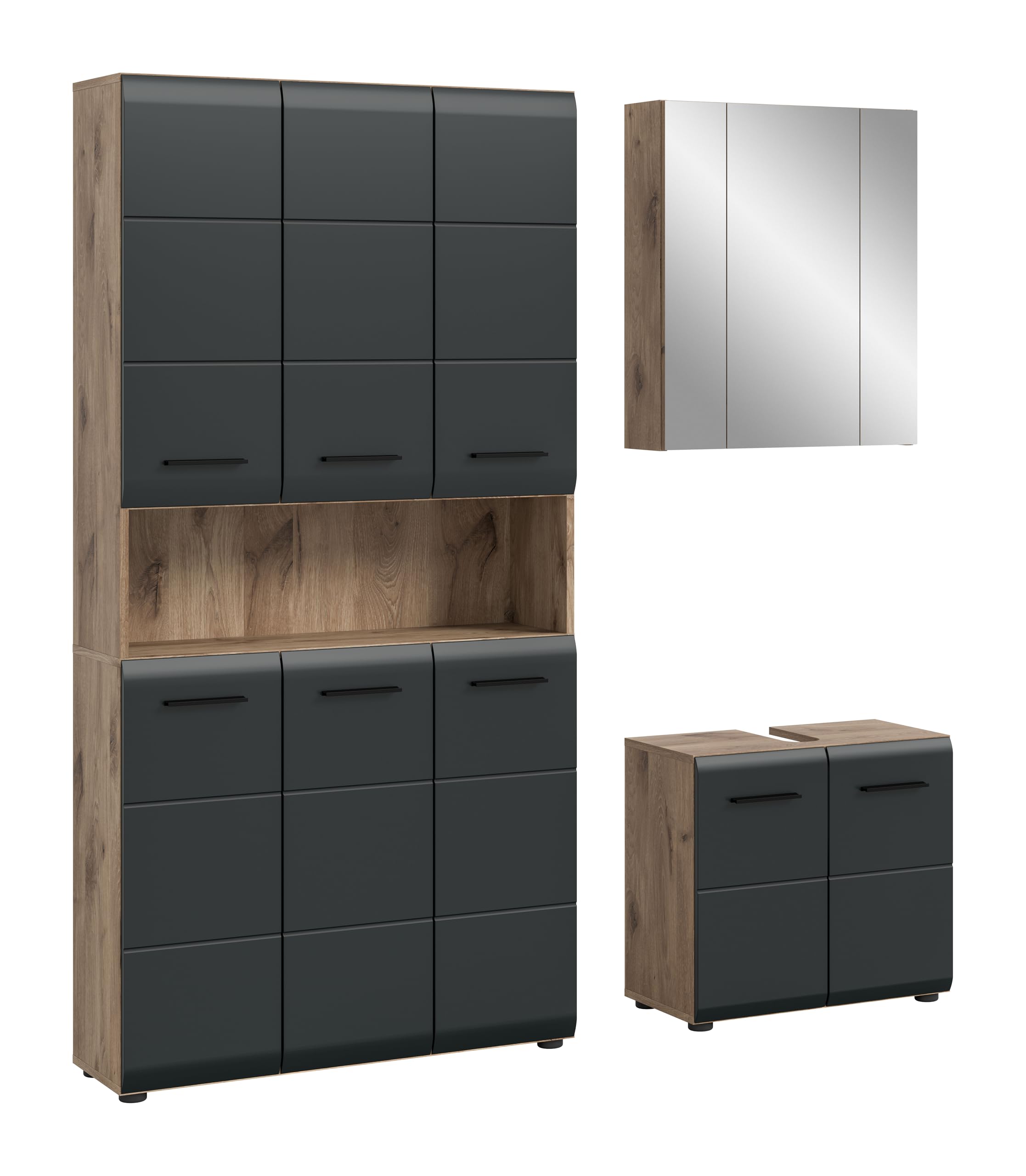 xonox.home – 3 TLG. Kompakte Badkombination Ice 165x185x30 cm in Korpus Nox Oak Nachbildung und Front schwarz matt – Stilvolles Möbel-Set für Moderne Badezimmer – pflegeleicht & funktional
