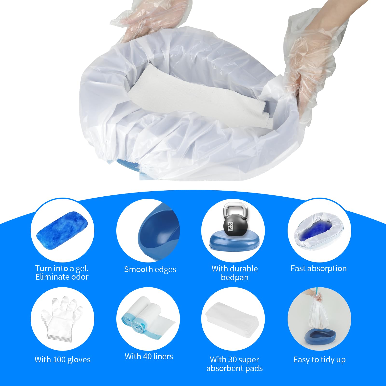 Juego de sartenes con 30 almohadillas superabsorbentes y 40 forros desechables, 100 guantes, sartenes de cama para ancianos, mujeres y hombres, cómodo, polipropileno grueso, extra grande y pesado