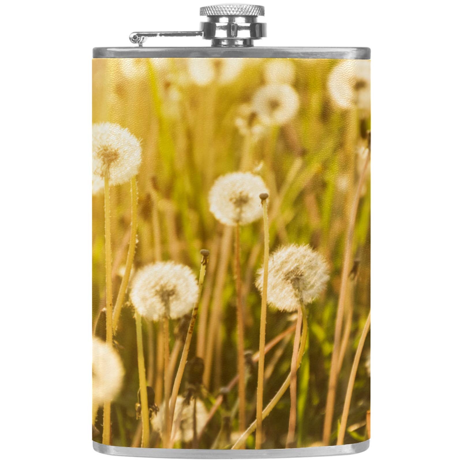 Flasque à whisky en cuir élégante motif nature réaliste champ de pissenlit au soleil