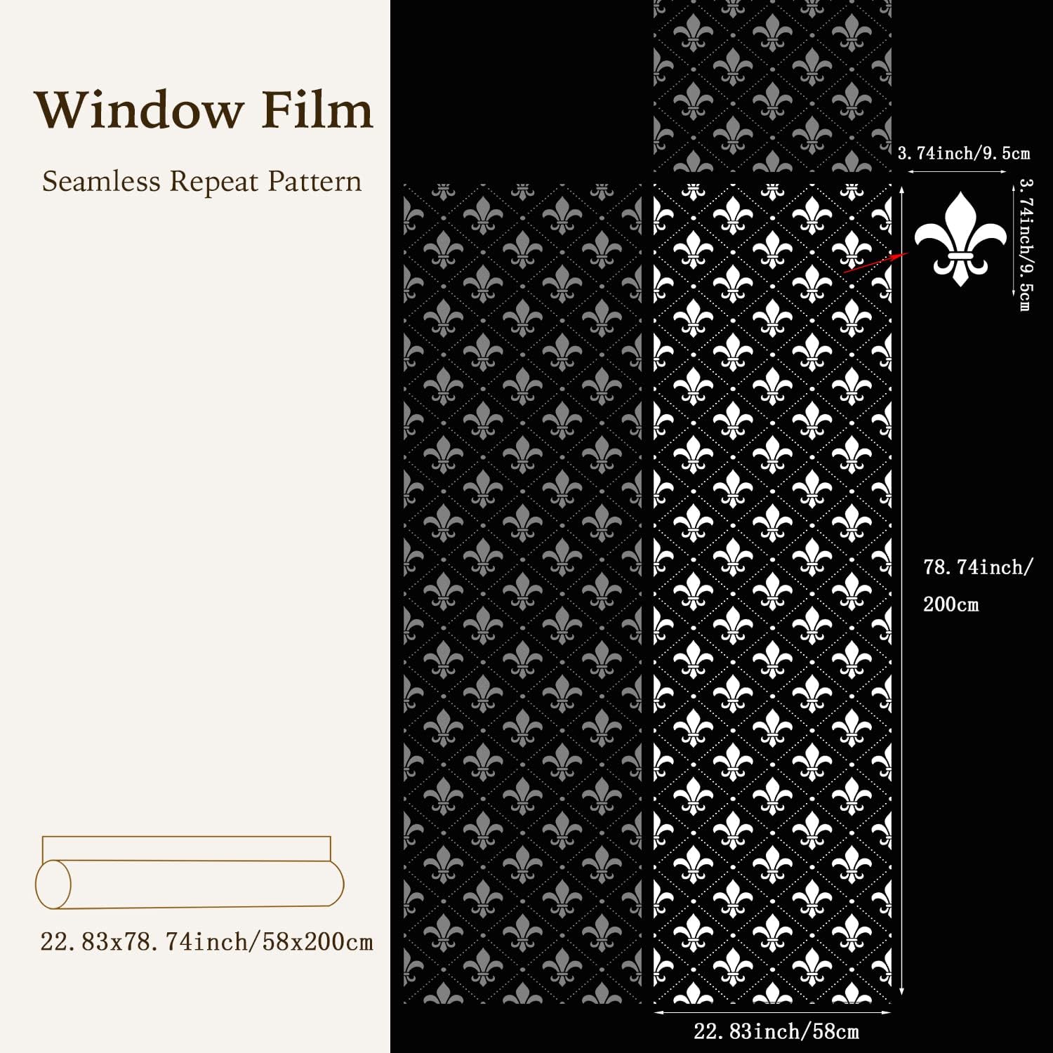 Pure White Window Privacy Film Decorative Pattern Design, Removable Frosted Glass Window Film Cling for Glass Window Door, Fleur De Lis 78.74"x22.83"