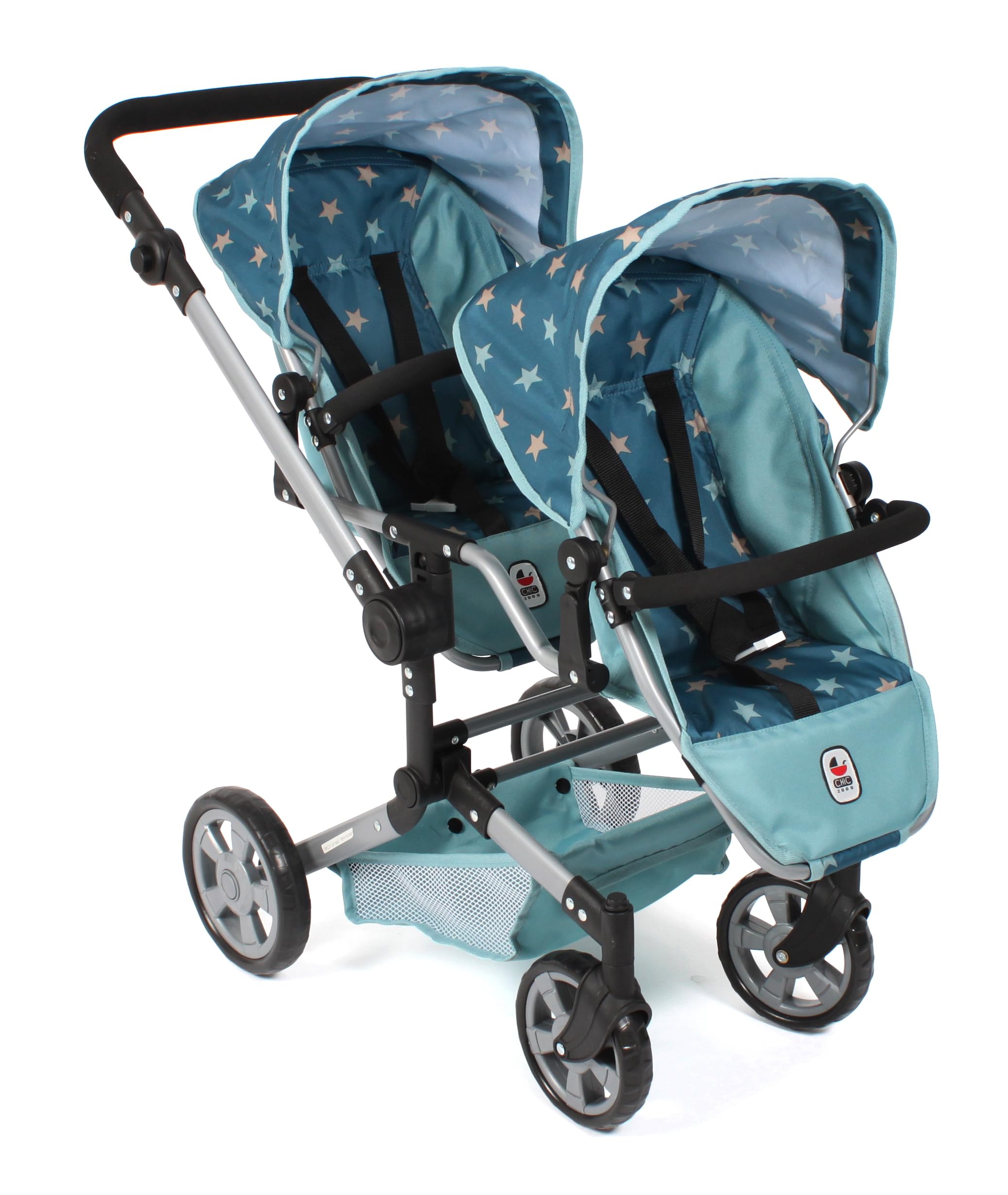 Bayer Chic 2000® Wózek dla lalek Linus Duo – gwiazdka turkusowa – składany wózek dla lalek bliźniaczych – regulowany uchwyt 50-82 cm – lalki do 50 cm – 4-8 J.