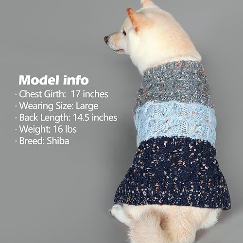 Miniatura 10 de KYEESE Suéter de punto trenzado grueso para perro, cuello alto, cálido, con mangas, ropa mullida para perro, color degradado, azul, talla L